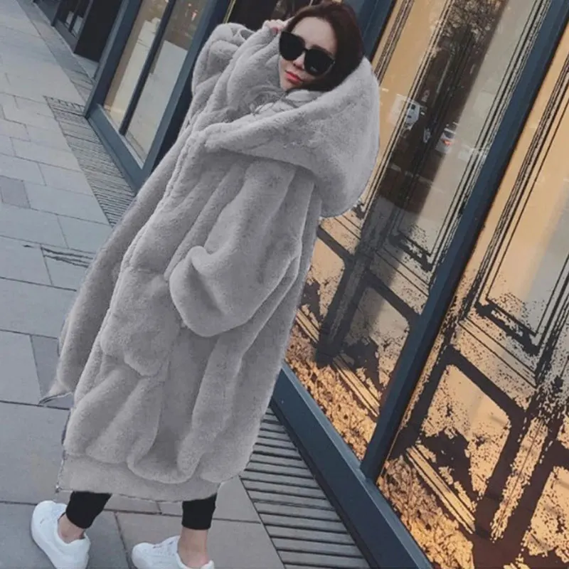 Light gray Зимнее пальто из искусственного меха большого размера, Женская парка, длинная теплая куртка из искусственного меха, пальто, худи, свободное зимнее пальто, верхняя одежда, casaco feminino - Color: Light gray