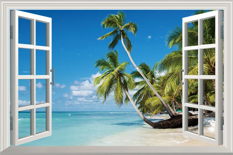 Beach Palms Wall Decal 3D Window Open View Sticker Seascape Islands Mural Sun Shine Vinyl Home Decor 50x75cm | Дом и сад