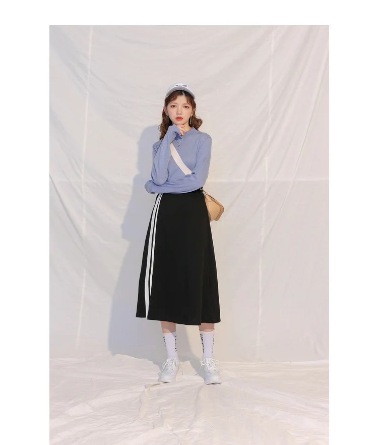 Fashion Korean version slit stripes movement wind half skirt autumn new high waist a character | Женская одежда