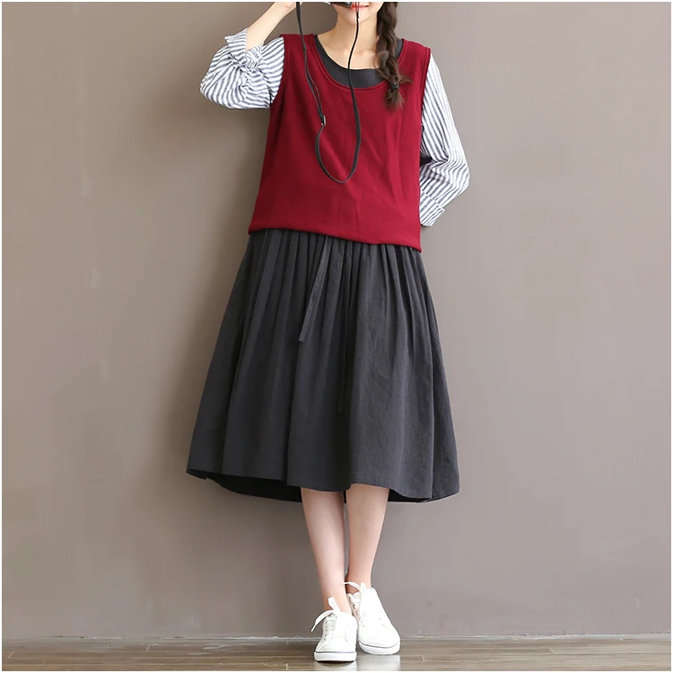 

OMILKA Vintage 2020 Hot Women Plus Size Cotton Linen Dress Korean Style Long Sleeve O Neck Big Swing Mori Girl Midi Dress S-XXL