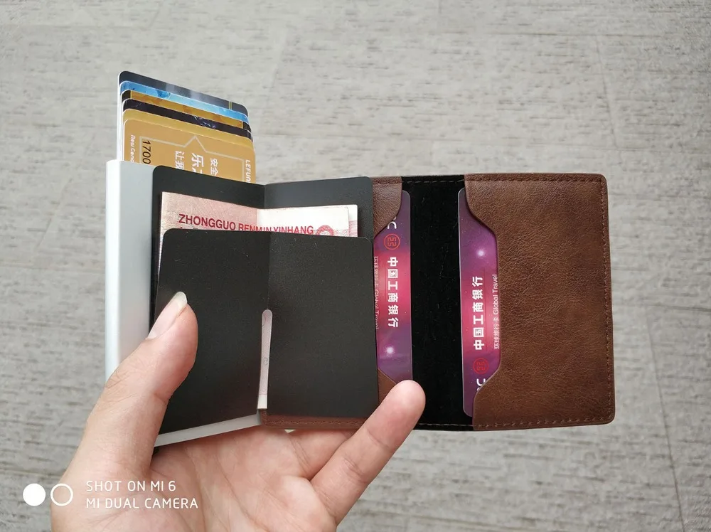 RFID брендовый кожаный держатель для карт, мужской автоматический алюминиевый сплав, на застежке, мужской бизнес многофункциональный держатель для ID карт, кошелек для мужчин