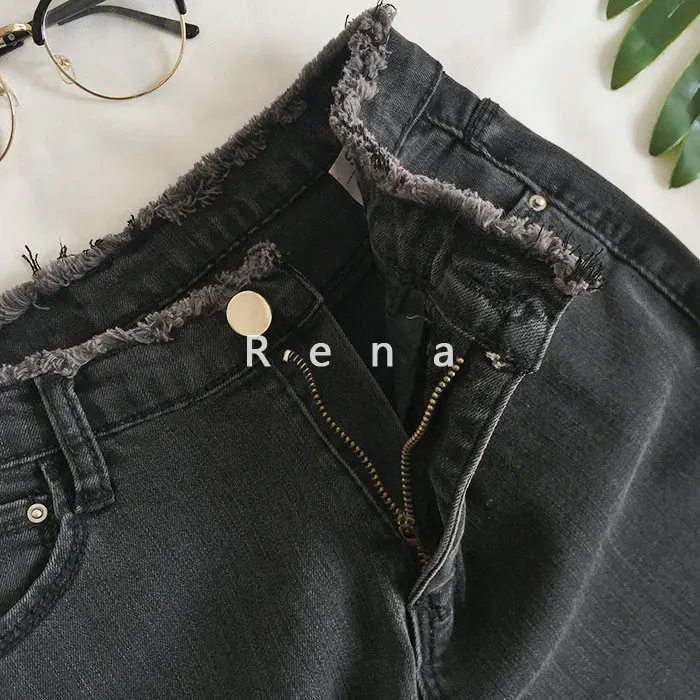 Женские джинсы с высокой талией тонкие серые и черные леггинсы в Корейском стиле