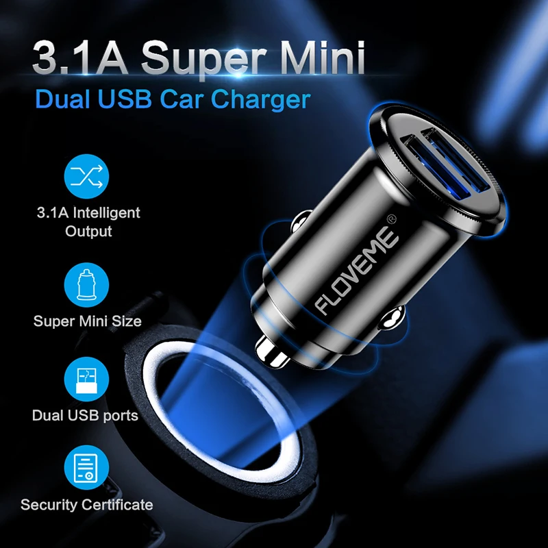 Floveme Mini Dual USB Car Charger 5V 3.1A Fast Charging 2 Port Phone Auto Adapter for Mobile Tablet Charge | Электроника