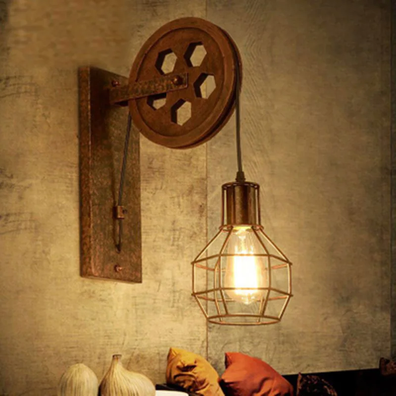 

Loft Decor Industrial Wall Lamps Simple Pulley Vintage Wall Lamp Bedroom Wandlamp Retro Iron LED Light Fixtures Wood Arandela