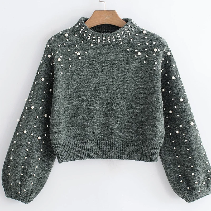 Pearl Turtleneck Sweater Women Winter Knitted Sweaters Lantern Sleeve Loose Short Pullover Female Autumn Casual Jumper MY776 | Женская