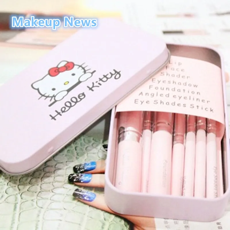 Профессиональный набор кистей для макияжа hello kitty, 7 шт./лот, набор косметических кистей для макияжа с металлической коробкой
