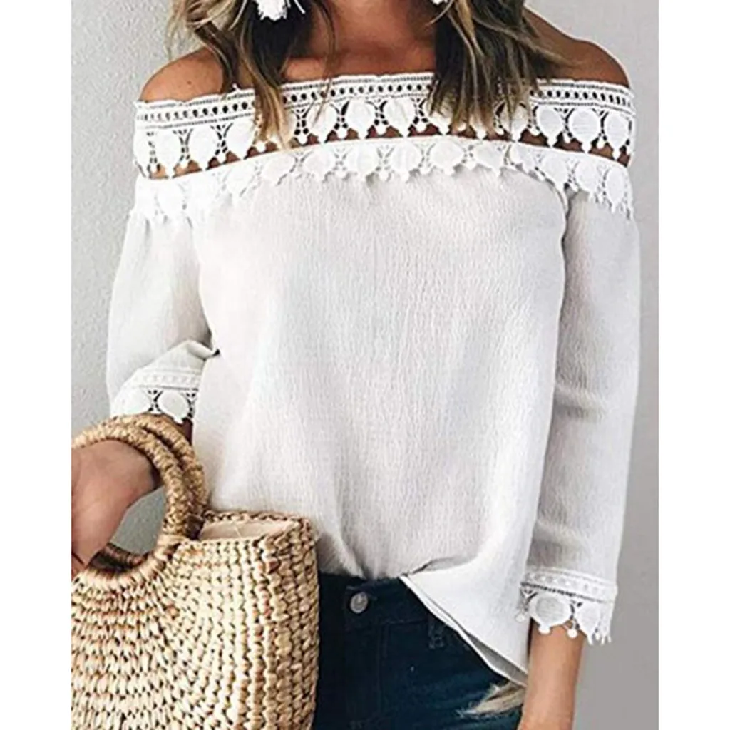 2020 сексуальные кружевные топы летние женские футболки с открытыми плечами белые