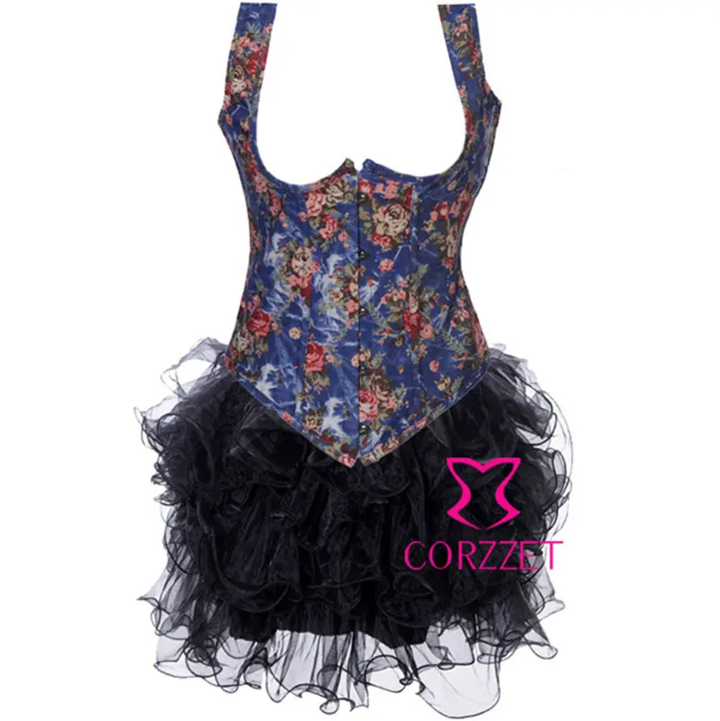 Синий цветочный джинсовый сексуальный утягивающий корсет с бретелькой через шею