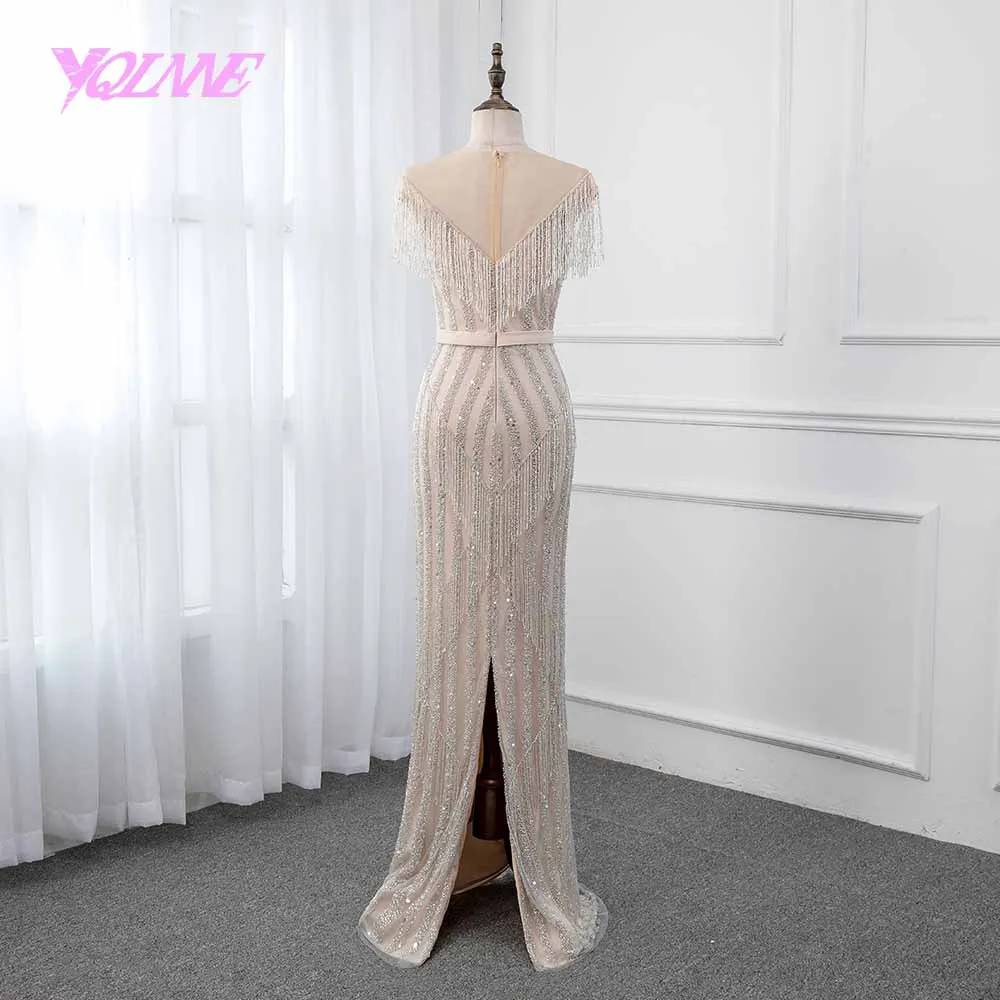 YQLNNE Шампанское Русалка вечернее платье Иллюзия Бисероплетение кисточкой формальное платье женские платья robe de soiree пышные платья