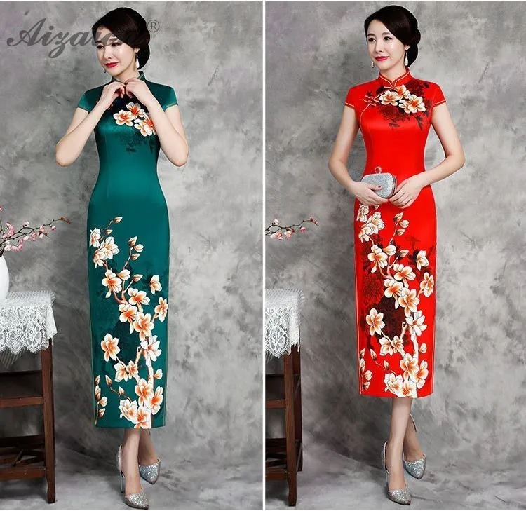 Женское китайское традиционное платье Ципао с принтом Cheongsam размера плюс, длинные платья Qi Pao, новинка, зеленое элегантное ретро платье