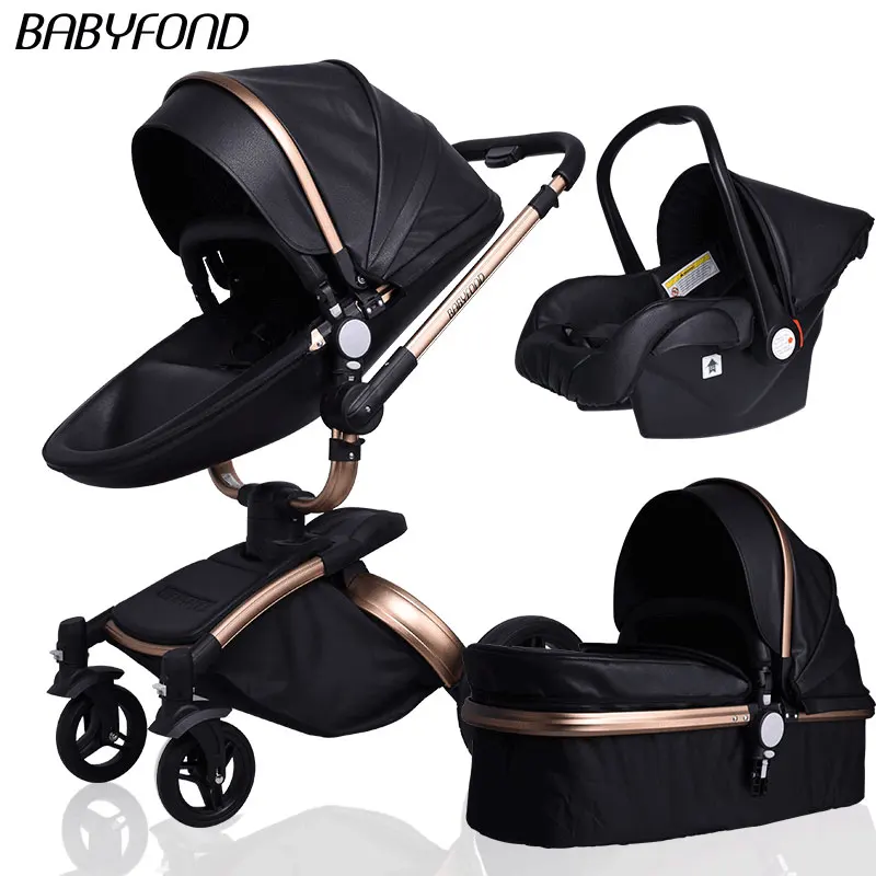 gold frame black 3in Babyfond, новинка, детская коляска 3 в 1, в серой золотистой раме - Цвет: gold frame black 3in