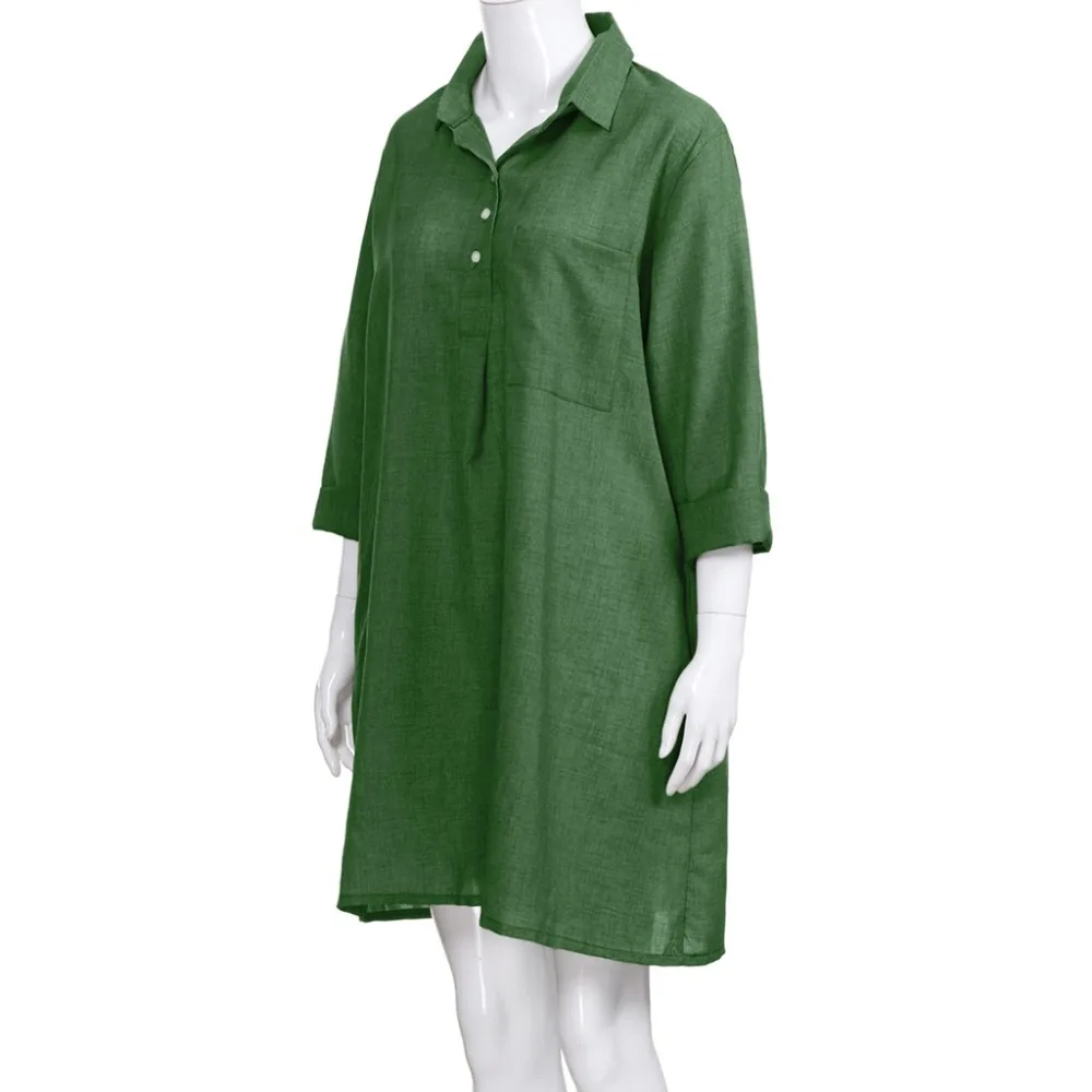 Женское платье с отложным воротником однотонное льняное рукавом 3/4 и карманами