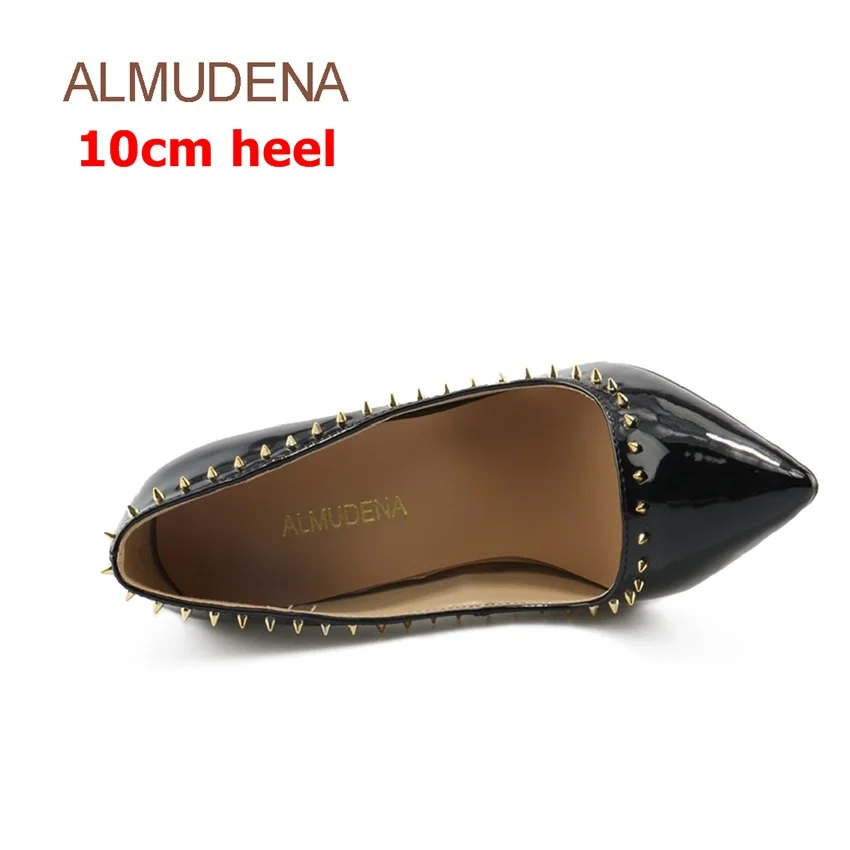 black 10cm heel ALMUDENA/пикантные черные блестящие туфли-лодочки из лакированной кожи с острым носком; заклепки Шпильки; каблуки для ночного клуба; модельные туфли для девочек; модные свадебные туфли-лодочки - Цвет: black 10cm heel
