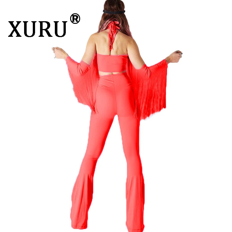 

XURU summer new women's tassel jumpsuit two-piece sexy nightclub solid color bandage jumpsuit suit