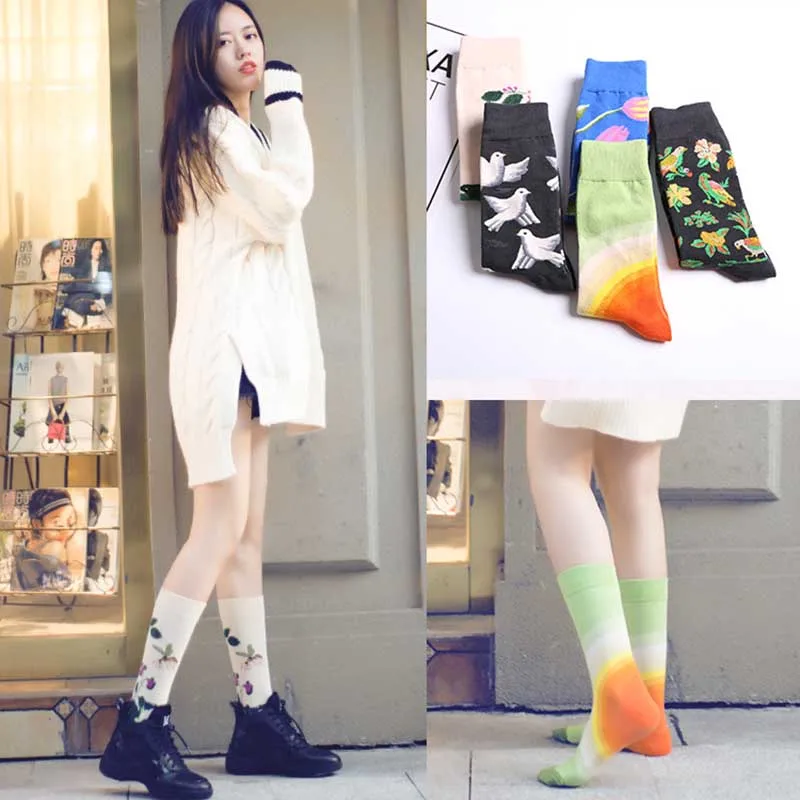 Женские хлопковые носки с мультяшным рисунком длинные для отдыха абстрактные