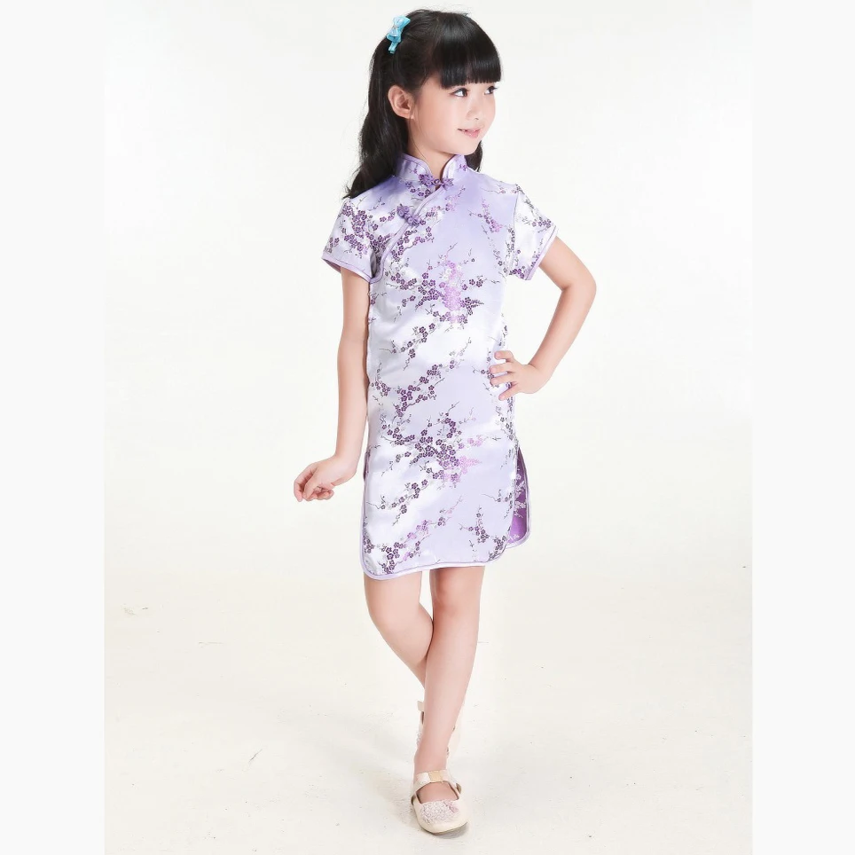 Фиолетовые милые летние платья Qipao для девочек детское Ципао в китайском стиле