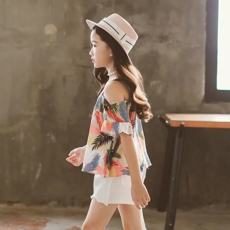 Feather Print Off shoulder Tops White Shorts Summer Girls Sets 6 8 10 12 years 2019 New Big Clothes | Детская одежда и обувь