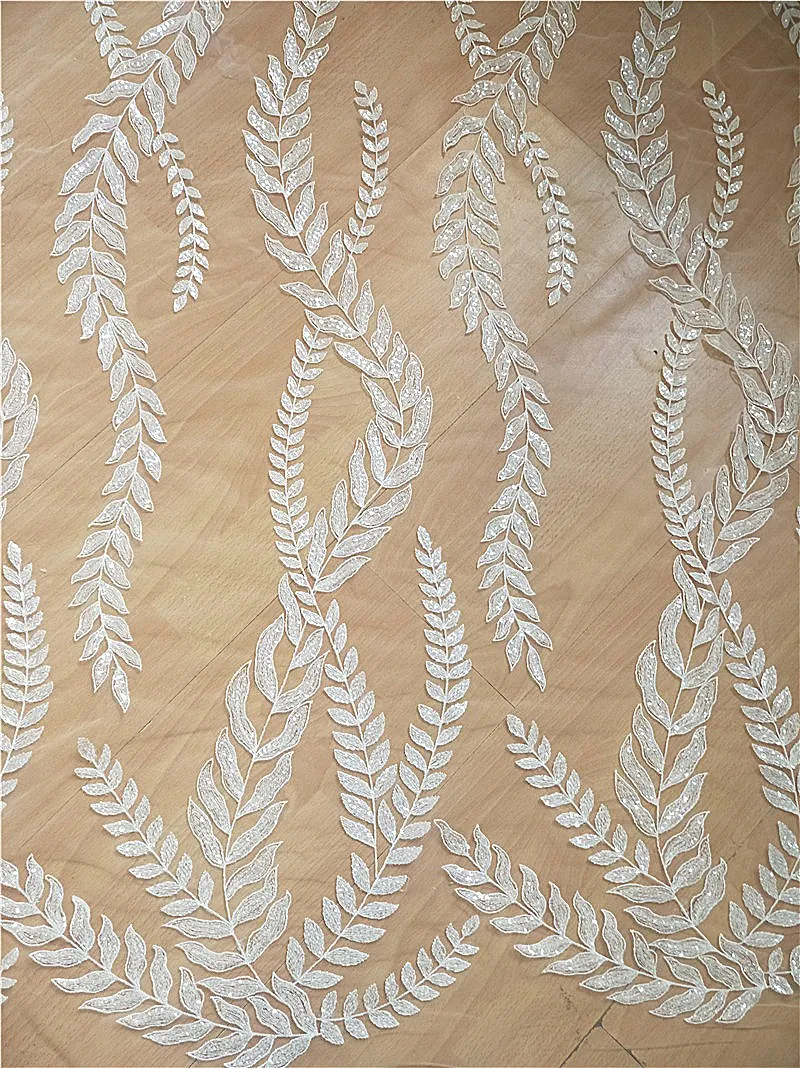 

1 Yard Clear Sequin Mesh Floral Embroidery Lace Fabric with Leaf Pattern Design for Bridal Gown Wedding Dress