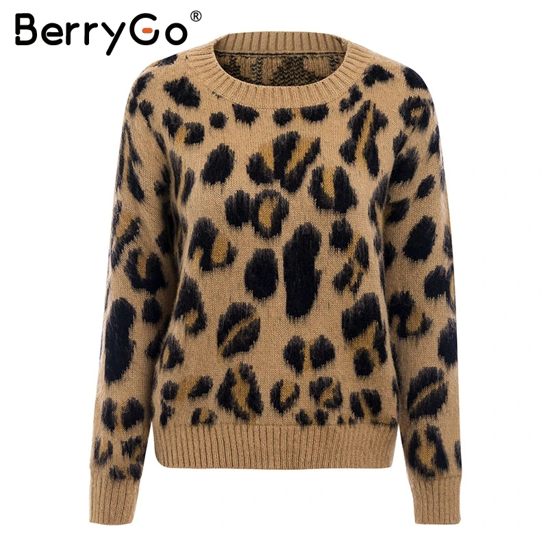 BerryGo Leopard knitting women sweater Knitted vintage sweaters female 2018 autumn winter long sleeve causal jumper | Женская одежда