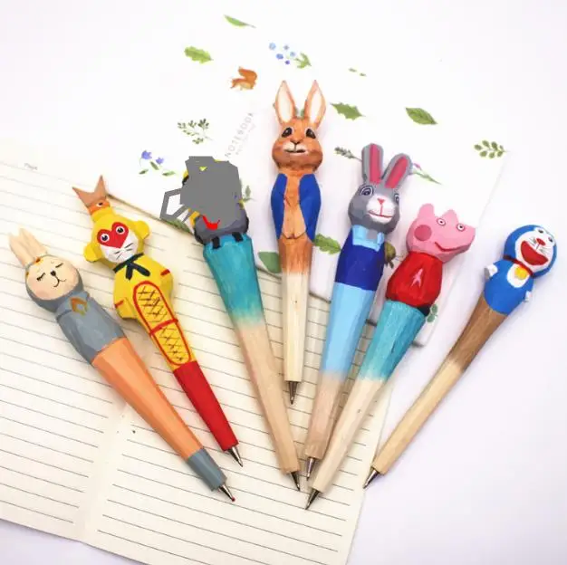 

Creative Carved Wooden Animal Pen BallPoint Stationery Hand Painted Vintage Wood pens Back To School Party Favors gift