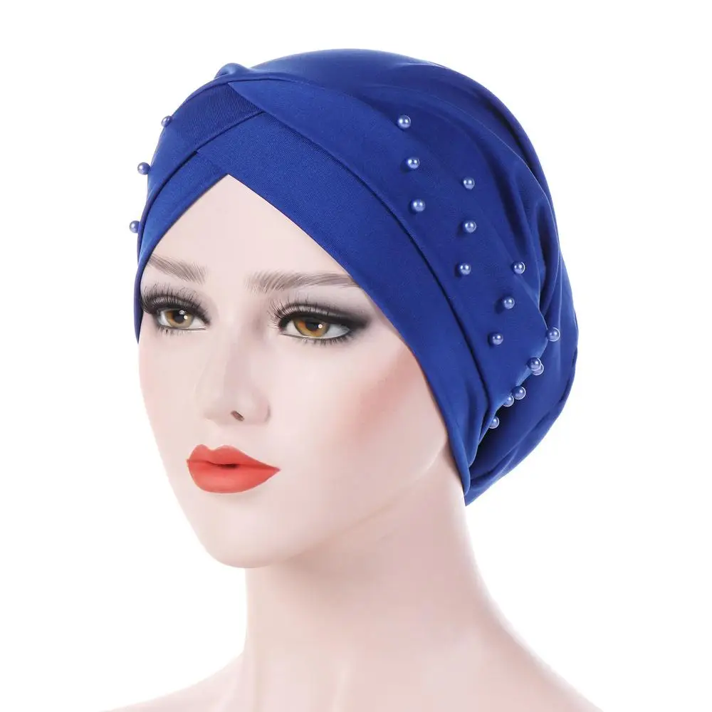 royal blue Для женщин эластичные тюрбан шляпа мусульманский хиджаб исламский бисером рака Кепка chemo хиджабы стрейтчевый Обёрточная бумага головной платок внутренняя Кепки Мода - Цвет: royal blue