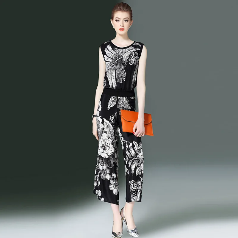 2018 новые летние из двух частей куртка без рукавов принт Повседневное брюки Для