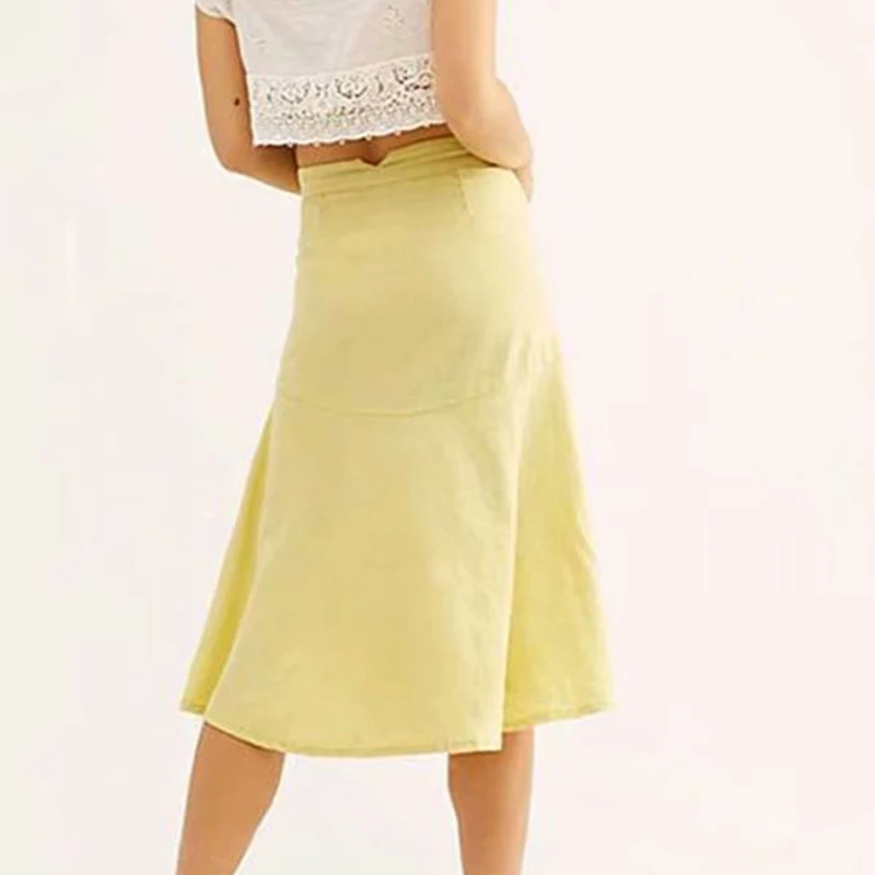 2019 Summer Sexy Split Women's Skirt Fashion Solid Button Yellow White Black High waist A-Line Midi Skirts Jupe Femme Saia | Женская