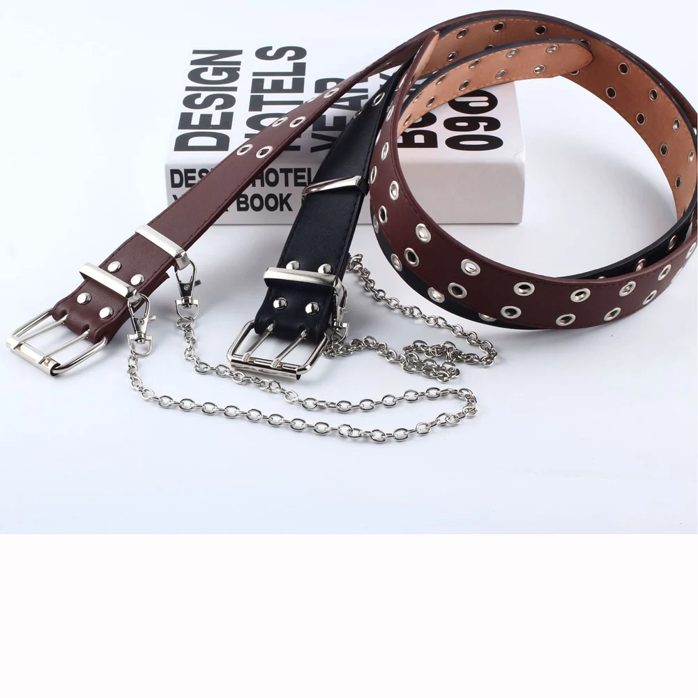 Модный ремень в стиле панк с цепочкой регулируемый кожаный двойным люверсом и