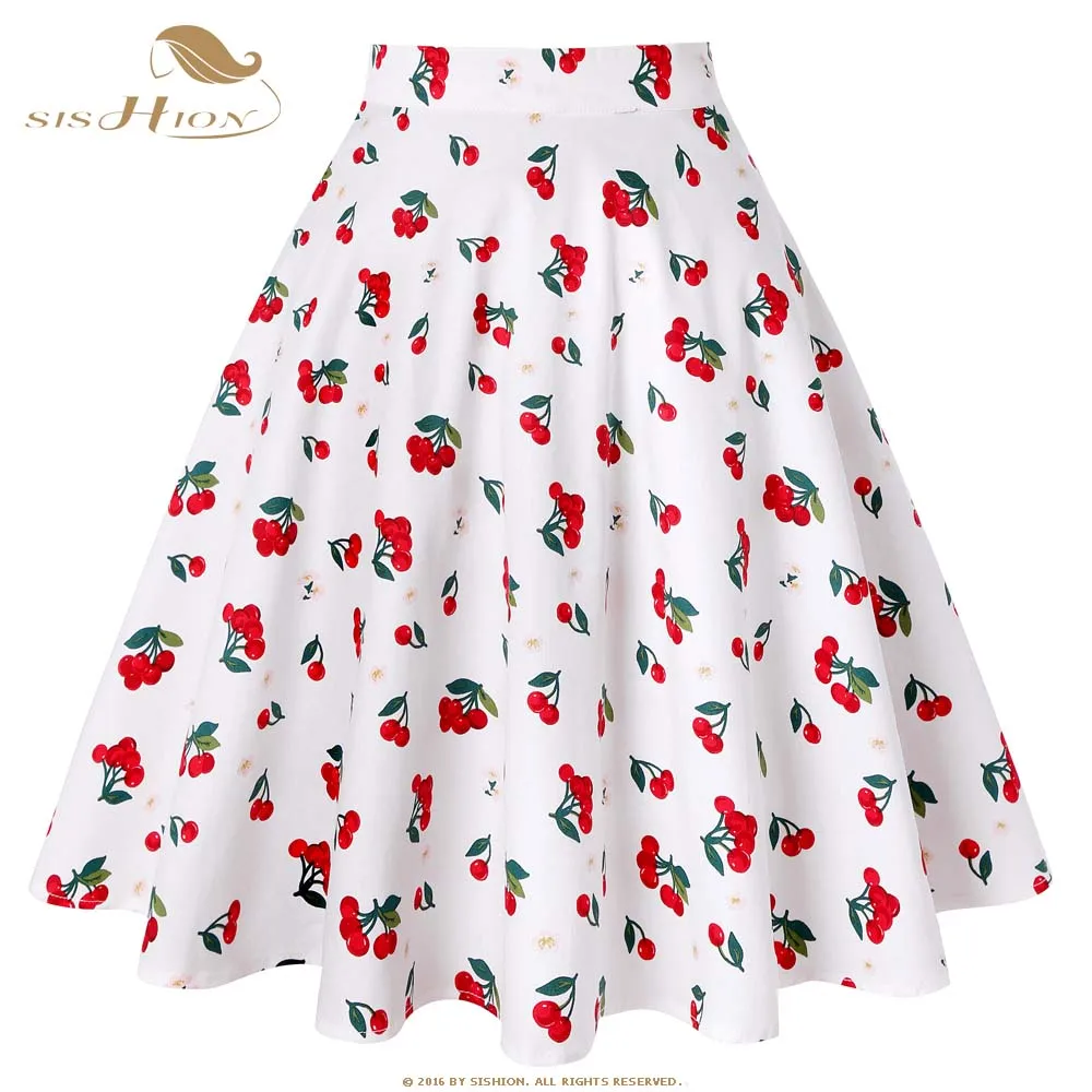 

SISHION 2022 Summer Skirts Womens jupe femme VD0020 High Waist Cherry Print Swing Vintage Retro Cotton Women Skirt jupe Y2K