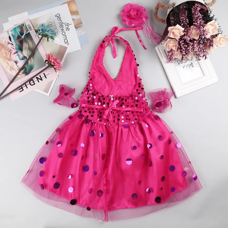 Set of 4 Kids Girls Sleeveless Halter Sequins Tulle Dress with Flower Brooch and Bracelet Outfits SZ 3-12Years | Детская одежда и