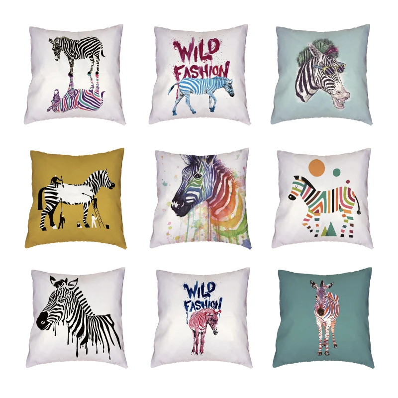 

Popular Watercolor Zebra White Cushion Cover Doodle Geometric Home Decor New Wild Fashion Throw Pillow Case Polyester Peach Skin