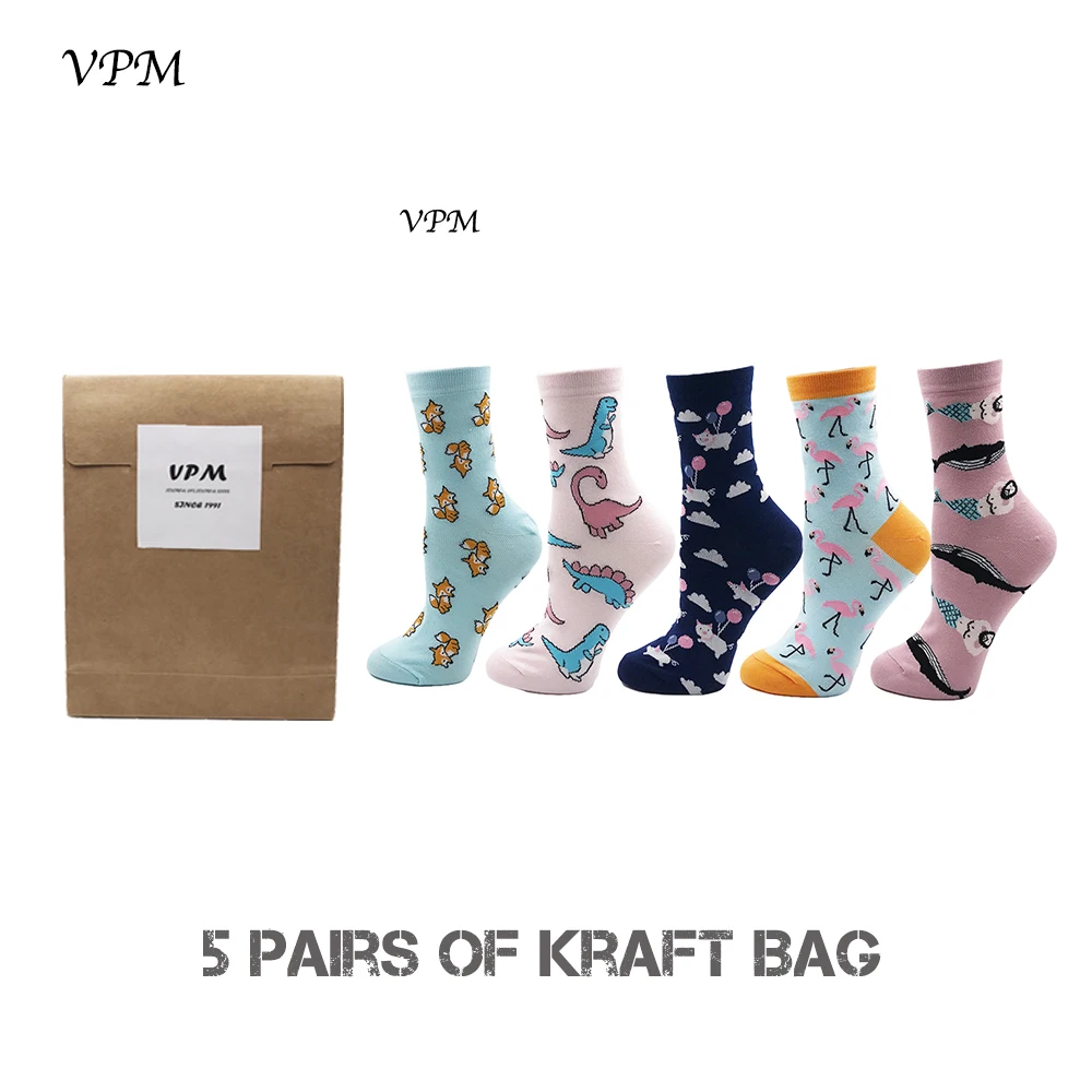802 kraft VPM, Подарочная коробка, зима-осень, теплые женские носки, цветные, с рисунком милых животных, собак, кошек, лисичек, милые забавные носки(5 пар/лот - Цвет: 802 kraft