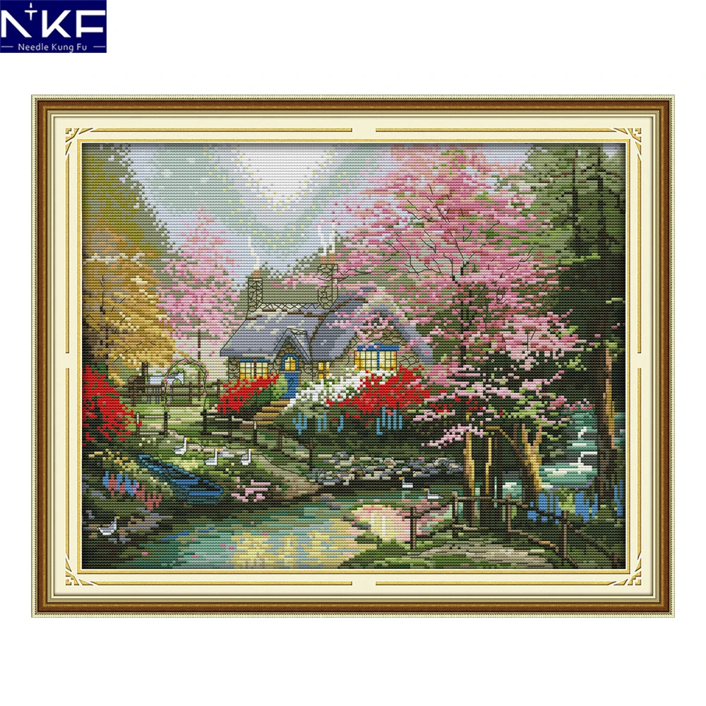 

NKF Chinese Cross Stitch Kits Stamped Counted Canvas DIY Embroidery Needlework The stream side cottage For Home Decoration