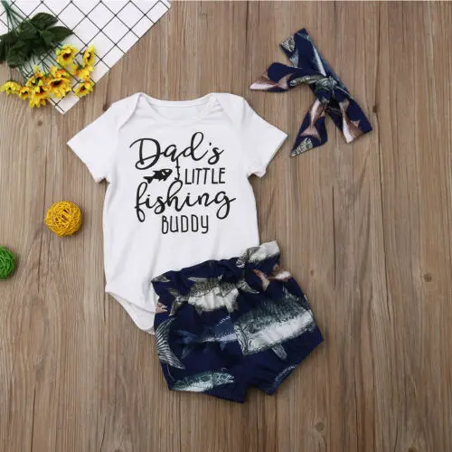 

3Pcs Cute Baby Girl Clothing Top Shirt Bodysuits Shorts Headband Cute Outfits Set Clothes Summer Baby Girls