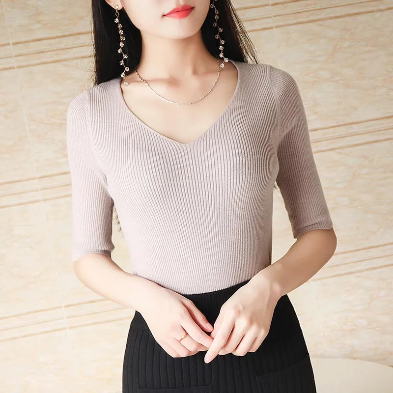Knitting Womens Sweaters New Korean Bottom half Sleeve Black blue beige V-collar Winter Tops Sweater Women Thin Pullover Jumper | Женская
