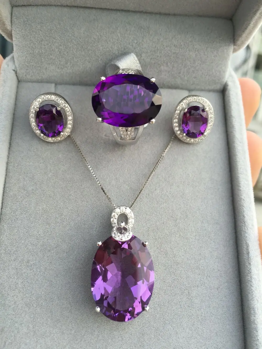 Аметист три набора Кольцо Кулон Серебро 925 инкрустированные 18k розовое золото