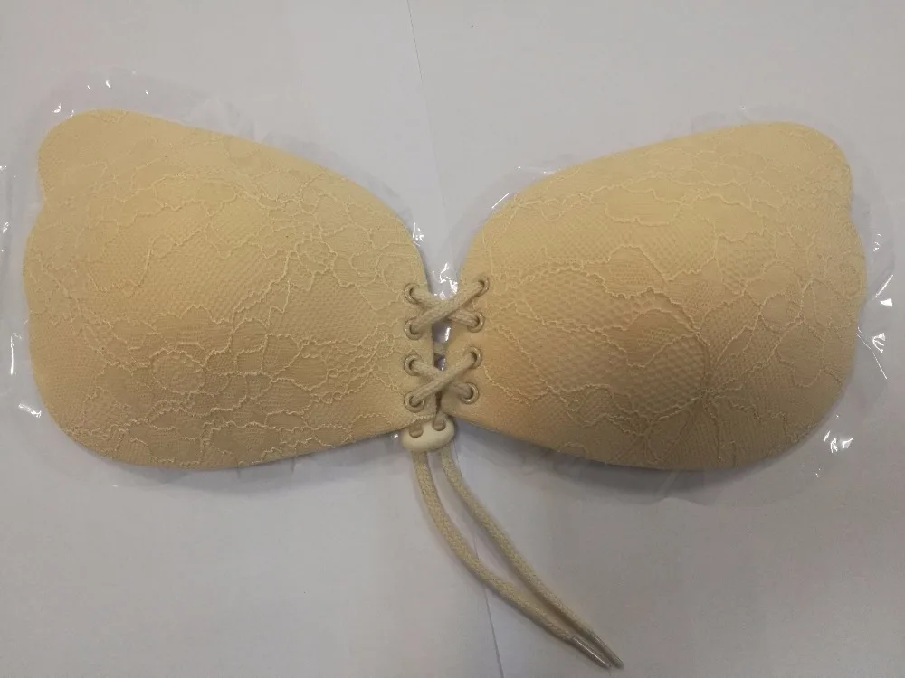 Women Self Adhesive Strapless Bandage Stick Gel Silicone Push Up 1/2 Cup Cotton Drawstring Invisible Bra