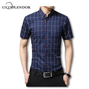 Новинка 2020, брендовые мужские повседневные рубашки, облегающая мужская рубашка из хлопка в клетку с коротким рукавом, женская одежда для бизнеса