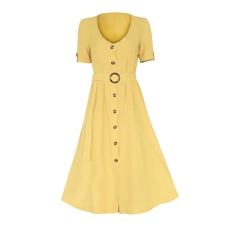 Vintage cotton linen midi dress women boho yellow beach Summer button short sleeve striped korean vestidos 2019 | Женская одежда