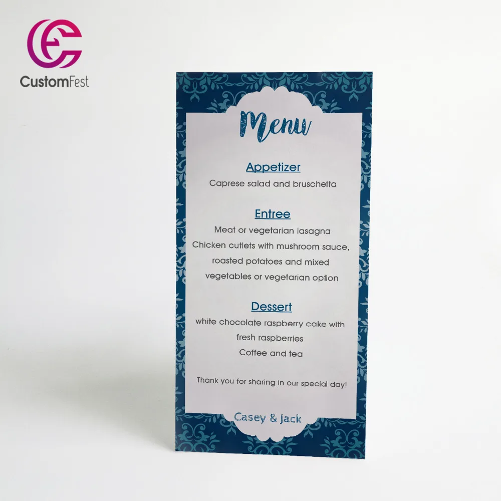

Personalized menu demark design in royal blue menu whole set available MU026