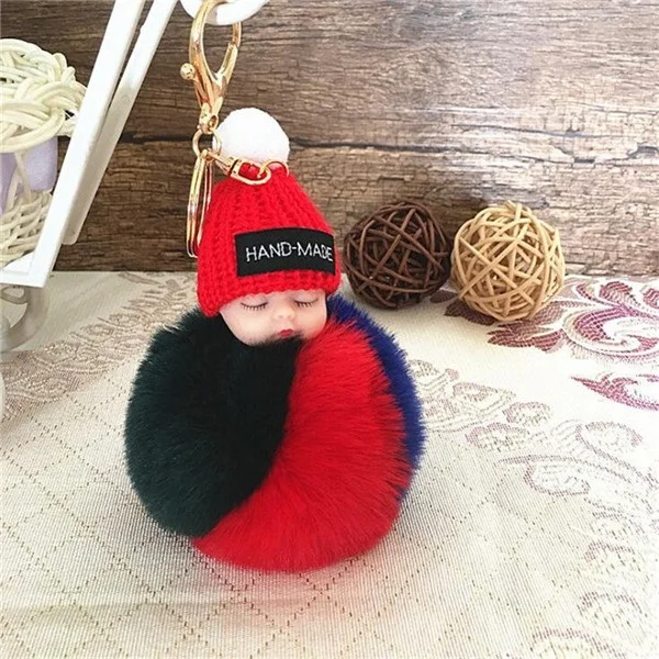 red Новинка, брелок Спящая кукла, помпон, мех кролика, брелок для ключей, автомобильный брелок, Женский держатель, сумка, подвеска, очаровательный аксессуар, porte clef - Цвет: red
