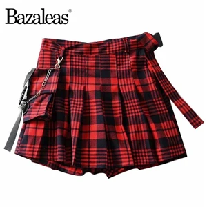Bazalesa Harajuku клетчатая Красная Женская юбка, сексуальные клетчатые плиссированные юбки, модная мини-юбка с карманами, юбки с высокой талией для женщин, Прямая поставка - Цвет: T3 tartan red 752