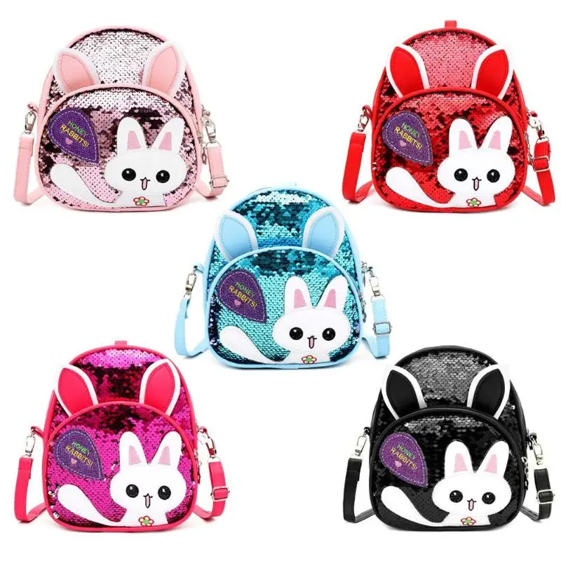 New Fashion High Quality Children Girls Babbit Bag Leather+ Sequins School Bookbag Travel Backpack Rucksack Zipper