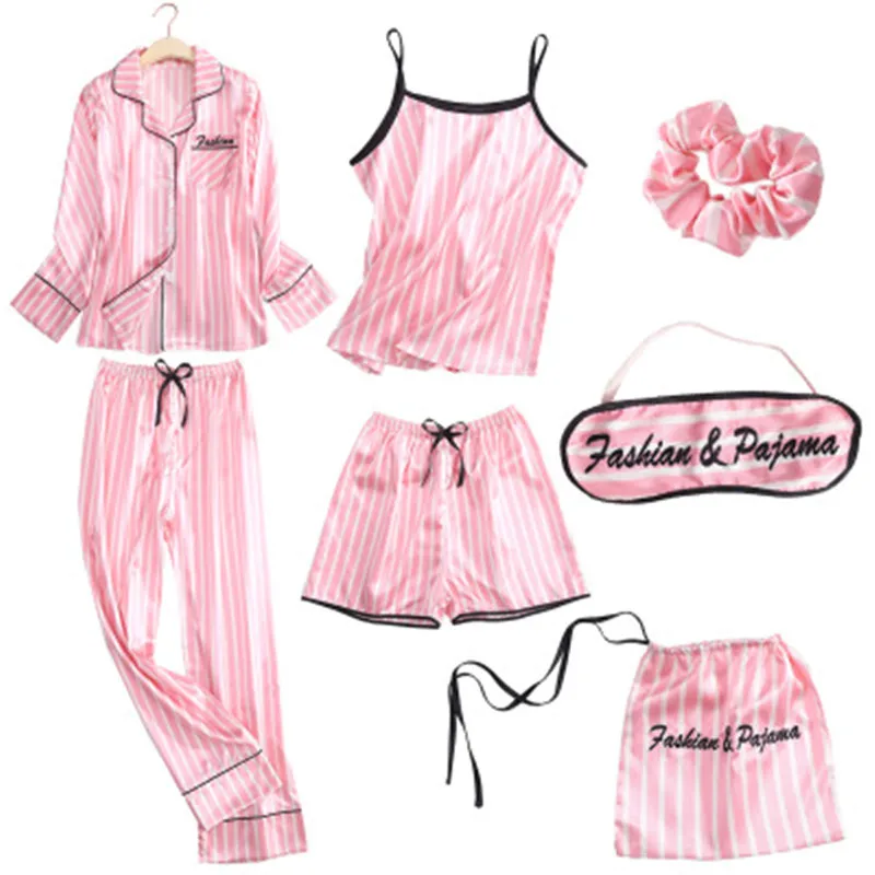 7 Pieces Sets Women Pajamas Set Elegant Pyjamas Striped Pajamas Silk Satin Nightdress trousers shorts Sexy Bathrobe Nightgown