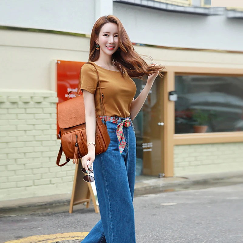 

2019 Tassel Vintage Backpacks For Girls Sac a Dos Women Leather Backpacks Tavel Large Capacity Rucksacks Female Back Pack School