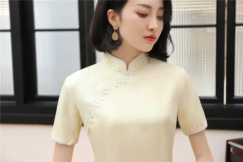 Шанхай история короткий рукав искусственный шелк cheongsam топ решетка Традиционный