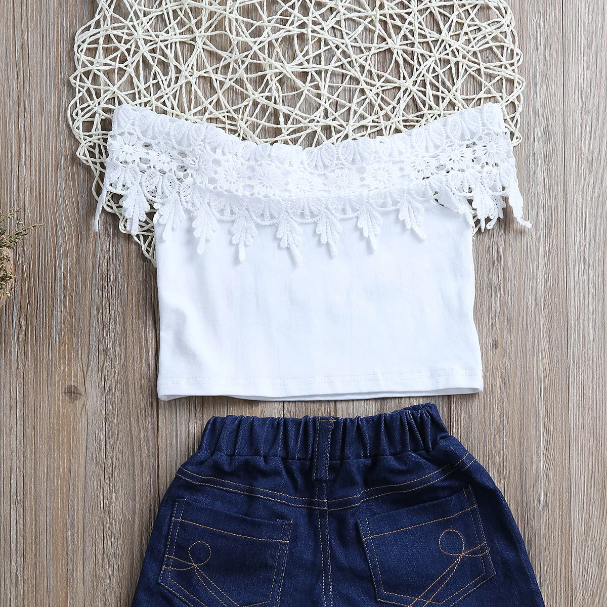 Новая джинсовая одежда для девочек кружевные топы белого цвета с открытыми