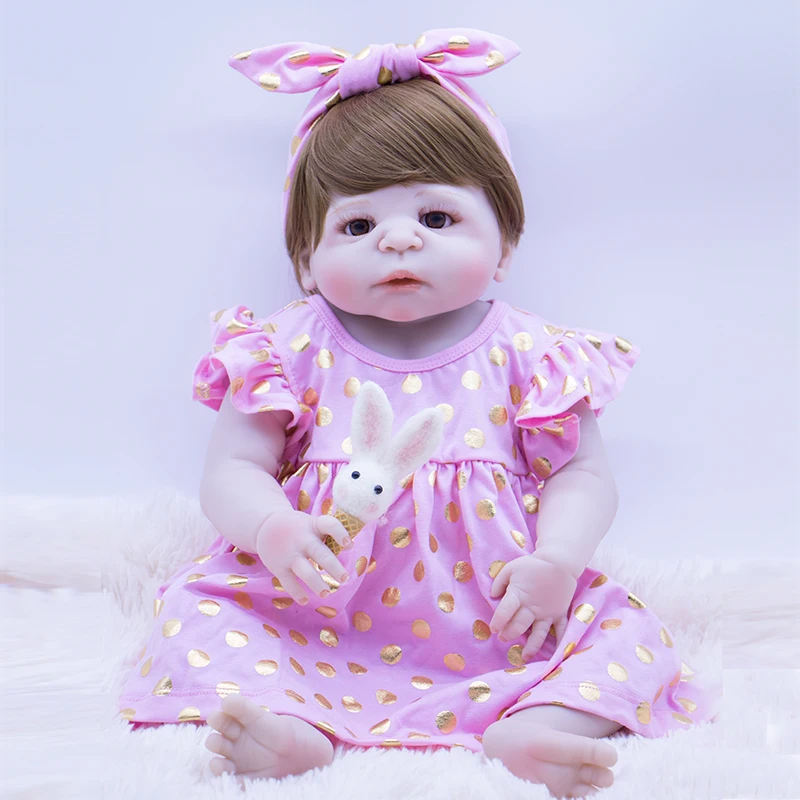 

56cm fashion Brown hair pricess girl simulation newborn baby with Cute rabbit plush gift toy silicone reborn baby dolls juguetes