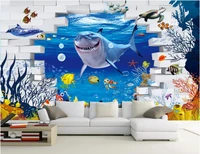 custom mural 3d wallpaper picture shark brick wall living room home decor painting 3d wall murals wallpaper for walls 3 d