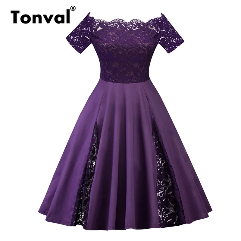 Фиолетовый Tonval 4XL 5XL размера плюс контрастное кружевное винтажное платье женские вечерние платья с открытыми плечами роковой Элегантный Большой размер сексуальные платья - Цвет: Фиолетовый